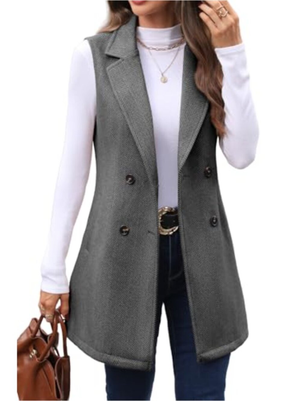 Women's Tweed Long Vest Sleeveless Double Breasted Herringbone Blazer Jacket